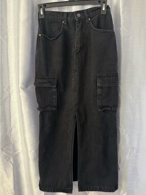 Sincerely Jules 90s Grunge Black Cargo Pocket Denim Midi Skirt